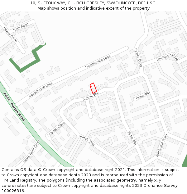 10, SUFFOLK WAY, CHURCH GRESLEY, SWADLINCOTE, DE11 9GL: Location map and indicative extent of plot