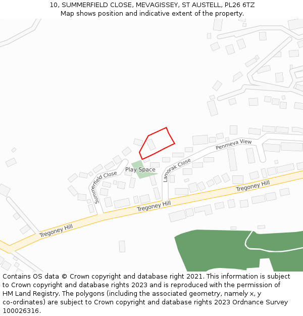 10, SUMMERFIELD CLOSE, MEVAGISSEY, ST AUSTELL, PL26 6TZ: Location map and indicative extent of plot