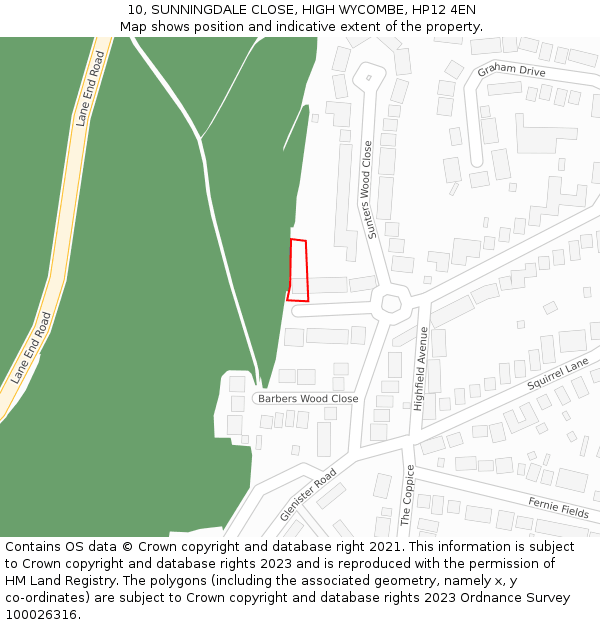 10, SUNNINGDALE CLOSE, HIGH WYCOMBE, HP12 4EN: Location map and indicative extent of plot