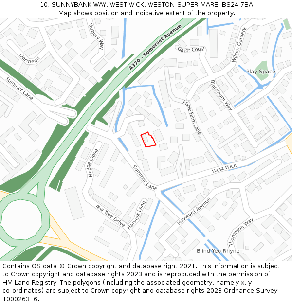 10, SUNNYBANK WAY, WEST WICK, WESTON-SUPER-MARE, BS24 7BA: Location map and indicative extent of plot