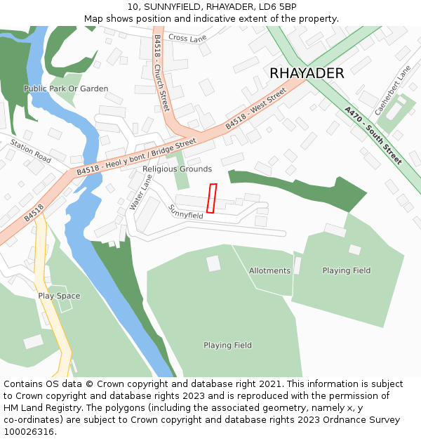 10, SUNNYFIELD, RHAYADER, LD6 5BP: Location map and indicative extent of plot