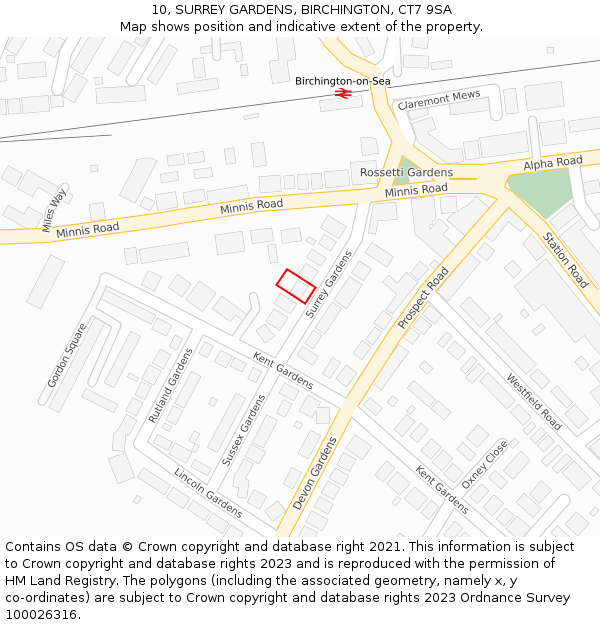 10, SURREY GARDENS, BIRCHINGTON, CT7 9SA: Location map and indicative extent of plot