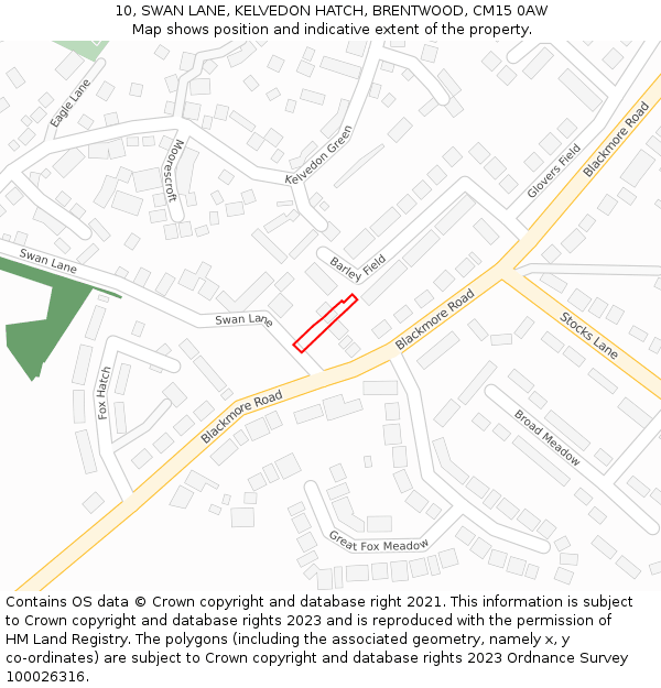 10, SWAN LANE, KELVEDON HATCH, BRENTWOOD, CM15 0AW: Location map and indicative extent of plot