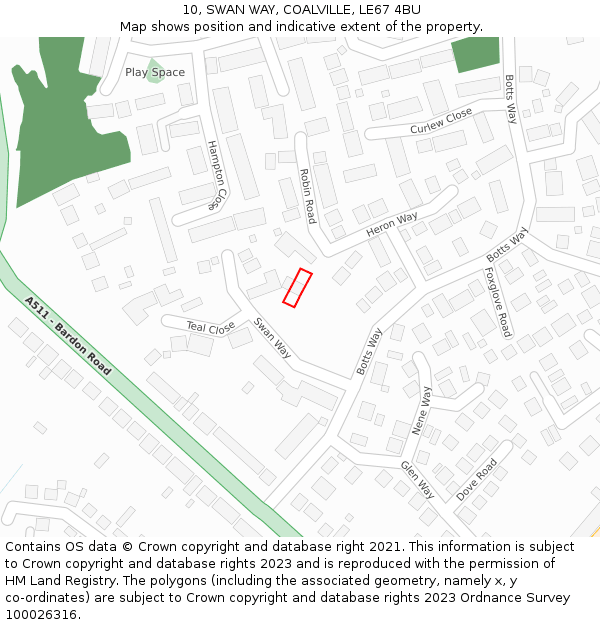 10, SWAN WAY, COALVILLE, LE67 4BU: Location map and indicative extent of plot