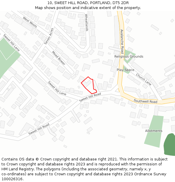 10, SWEET HILL ROAD, PORTLAND, DT5 2DR: Location map and indicative extent of plot