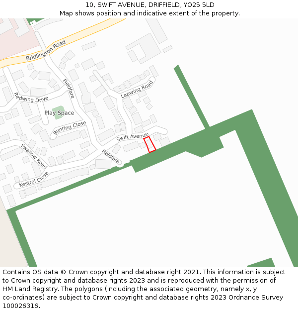 10, SWIFT AVENUE, DRIFFIELD, YO25 5LD: Location map and indicative extent of plot