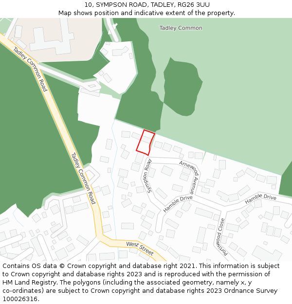 10, SYMPSON ROAD, TADLEY, RG26 3UU: Location map and indicative extent of plot