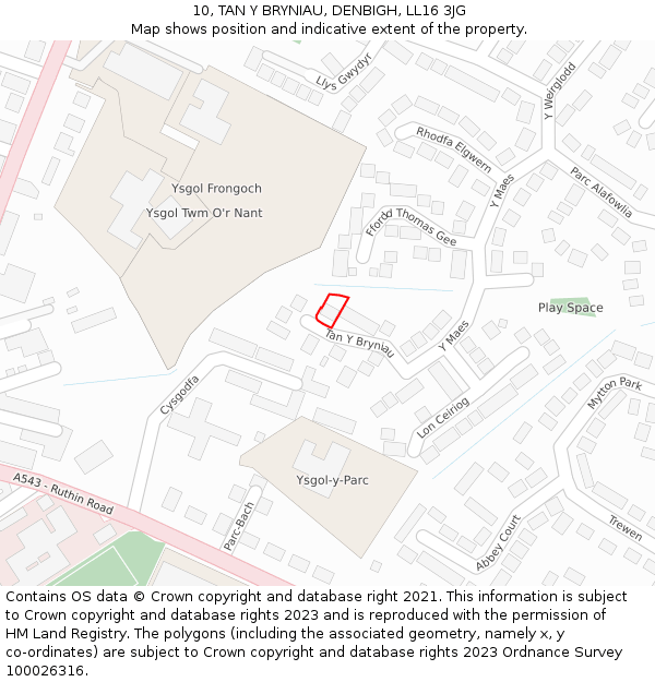 10, TAN Y BRYNIAU, DENBIGH, LL16 3JG: Location map and indicative extent of plot