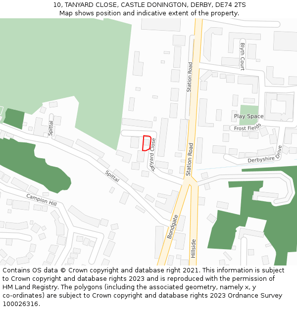 10, TANYARD CLOSE, CASTLE DONINGTON, DERBY, DE74 2TS: Location map and indicative extent of plot