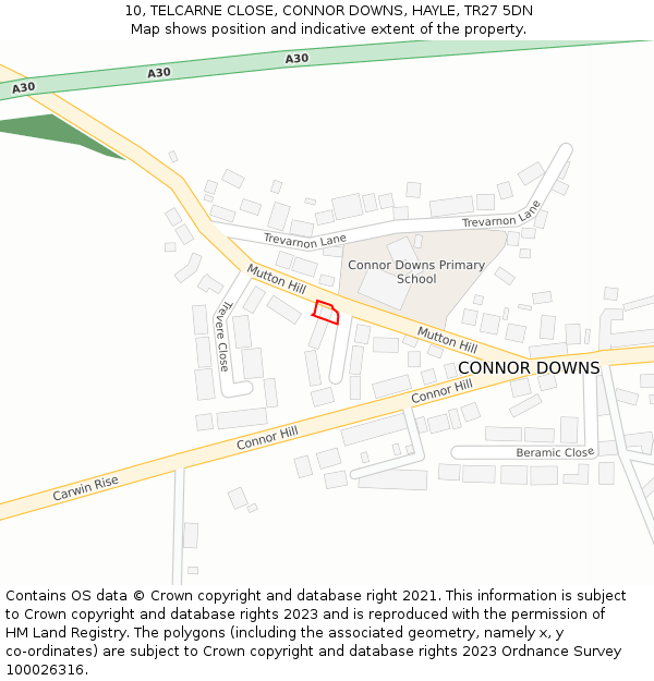 10, TELCARNE CLOSE, CONNOR DOWNS, HAYLE, TR27 5DN: Location map and indicative extent of plot