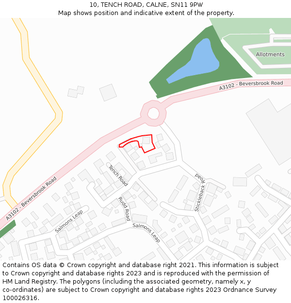 10, TENCH ROAD, CALNE, SN11 9PW: Location map and indicative extent of plot