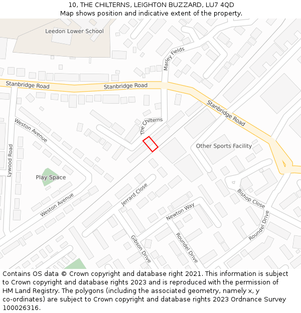 10, THE CHILTERNS, LEIGHTON BUZZARD, LU7 4QD: Location map and indicative extent of plot