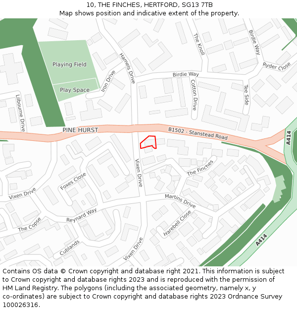 10, THE FINCHES, HERTFORD, SG13 7TB: Location map and indicative extent of plot