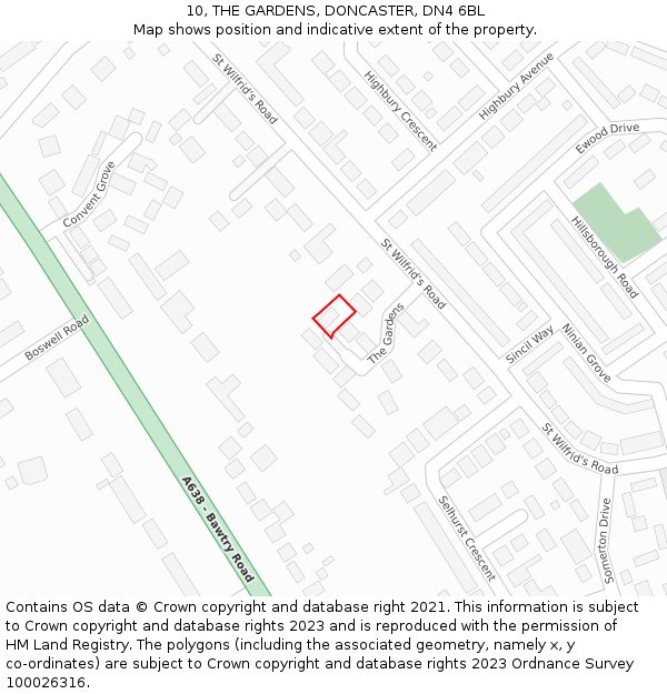 10, THE GARDENS, DONCASTER, DN4 6BL: Location map and indicative extent of plot