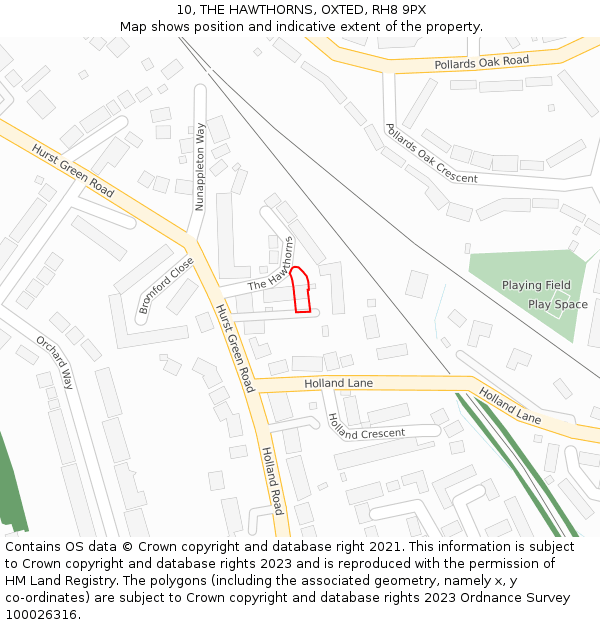 10, THE HAWTHORNS, OXTED, RH8 9PX: Location map and indicative extent of plot