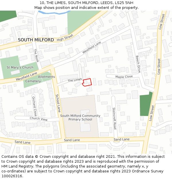 10, THE LIMES, SOUTH MILFORD, LEEDS, LS25 5NH: Location map and indicative extent of plot
