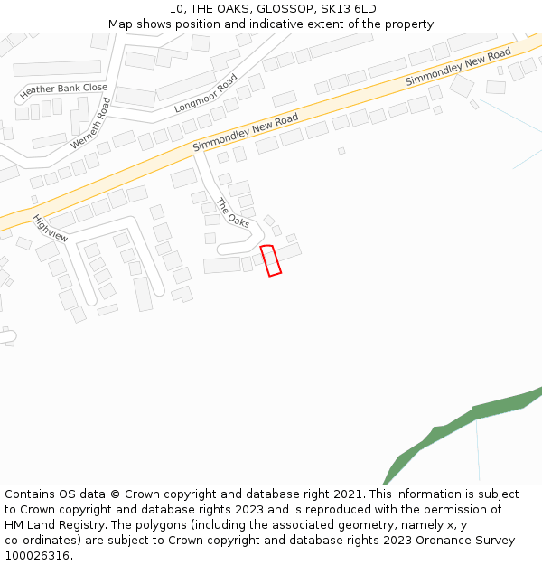 10, THE OAKS, GLOSSOP, SK13 6LD: Location map and indicative extent of plot