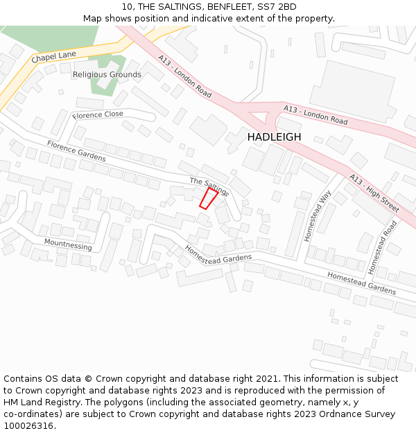 10, THE SALTINGS, BENFLEET, SS7 2BD: Location map and indicative extent of plot