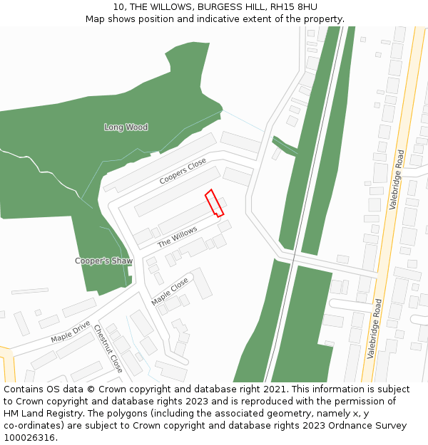 10, THE WILLOWS, BURGESS HILL, RH15 8HU: Location map and indicative extent of plot