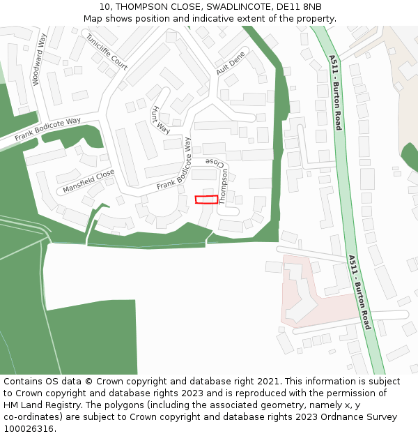 10, THOMPSON CLOSE, SWADLINCOTE, DE11 8NB: Location map and indicative extent of plot