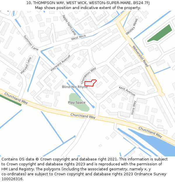 10, THOMPSON WAY, WEST WICK, WESTON-SUPER-MARE, BS24 7FJ: Location map and indicative extent of plot