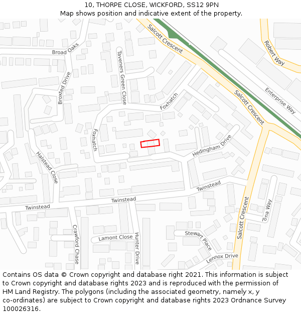 10, THORPE CLOSE, WICKFORD, SS12 9PN: Location map and indicative extent of plot