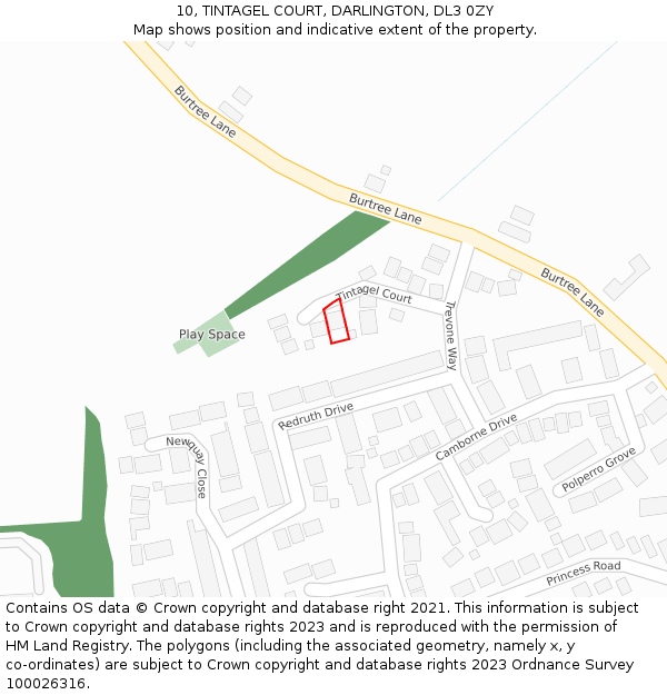 10, TINTAGEL COURT, DARLINGTON, DL3 0ZY: Location map and indicative extent of plot