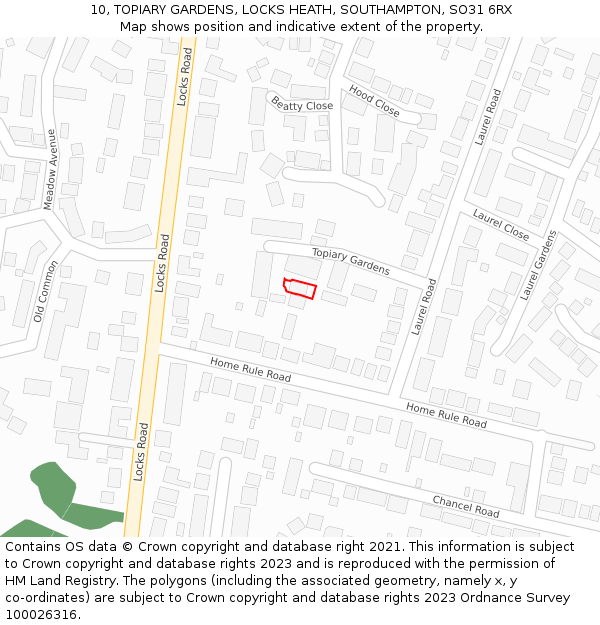 10, TOPIARY GARDENS, LOCKS HEATH, SOUTHAMPTON, SO31 6RX: Location map and indicative extent of plot