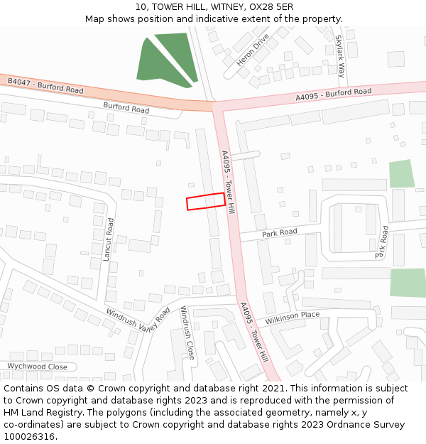 10, TOWER HILL, WITNEY, OX28 5ER: Location map and indicative extent of plot