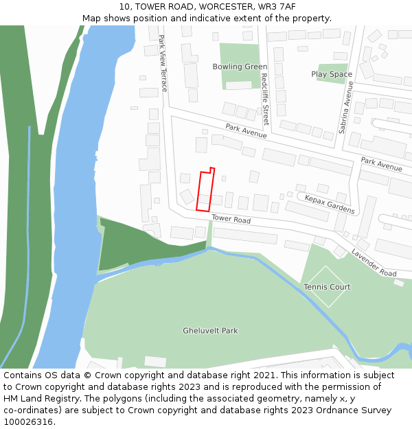 10, TOWER ROAD, WORCESTER, WR3 7AF: Location map and indicative extent of plot
