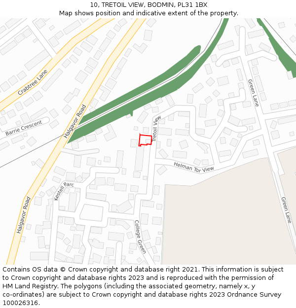 10, TRETOIL VIEW, BODMIN, PL31 1BX: Location map and indicative extent of plot