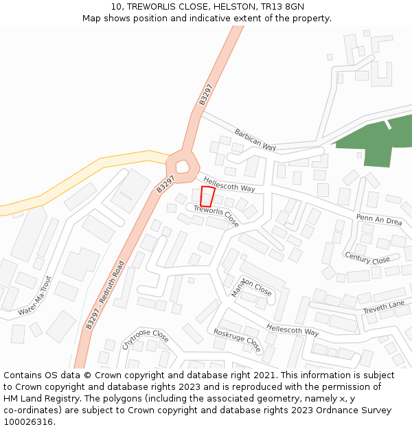 10, TREWORLIS CLOSE, HELSTON, TR13 8GN: Location map and indicative extent of plot