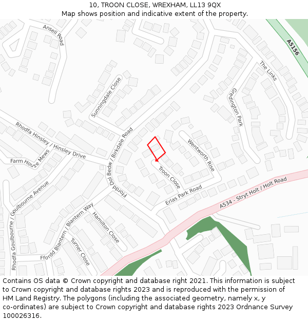 10, TROON CLOSE, WREXHAM, LL13 9QX: Location map and indicative extent of plot