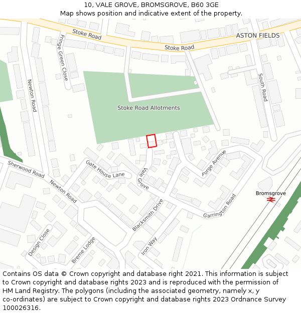 10, VALE GROVE, BROMSGROVE, B60 3GE: Location map and indicative extent of plot