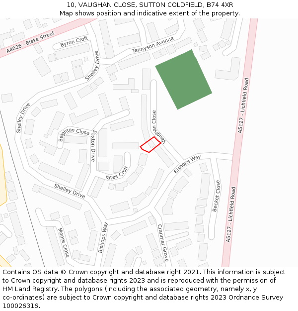 10, VAUGHAN CLOSE, SUTTON COLDFIELD, B74 4XR: Location map and indicative extent of plot