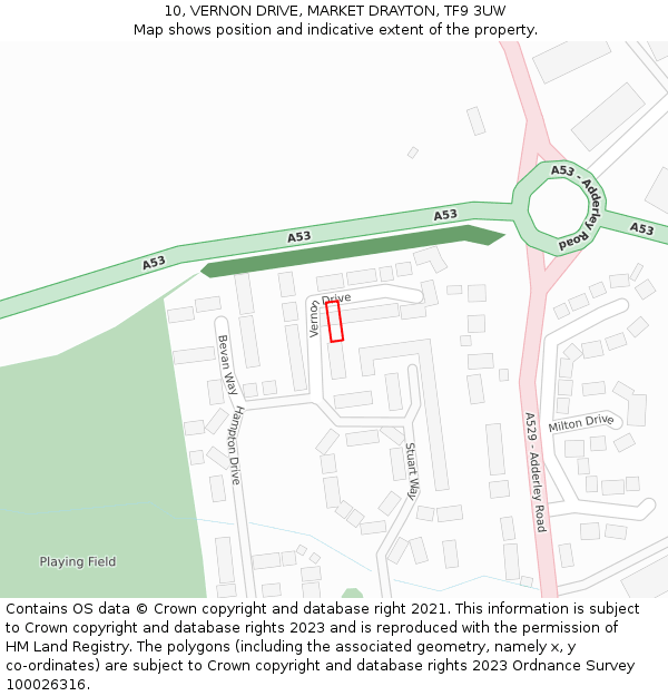 10, VERNON DRIVE, MARKET DRAYTON, TF9 3UW: Location map and indicative extent of plot