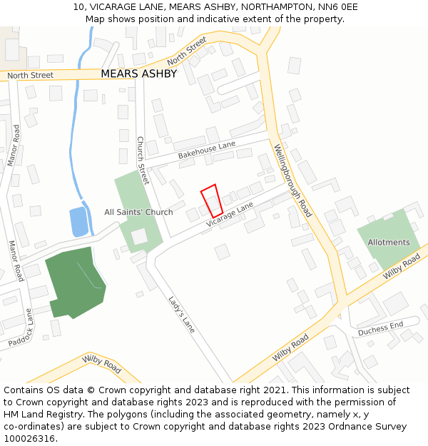 10, VICARAGE LANE, MEARS ASHBY, NORTHAMPTON, NN6 0EE: Location map and indicative extent of plot