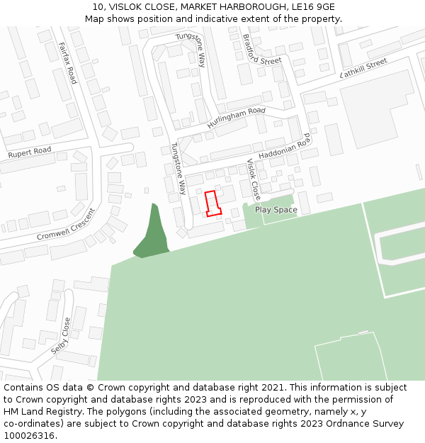10, VISLOK CLOSE, MARKET HARBOROUGH, LE16 9GE: Location map and indicative extent of plot