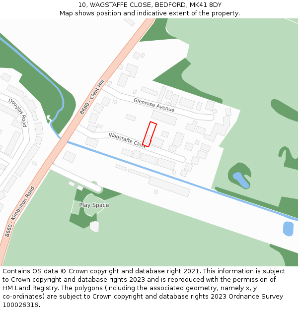 10, WAGSTAFFE CLOSE, BEDFORD, MK41 8DY: Location map and indicative extent of plot