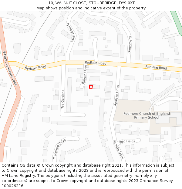 10, WALNUT CLOSE, STOURBRIDGE, DY9 0XT: Location map and indicative extent of plot