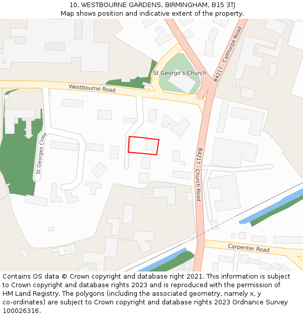 10, WESTBOURNE GARDENS, BIRMINGHAM, B15 3TJ: Location map and indicative extent of plot