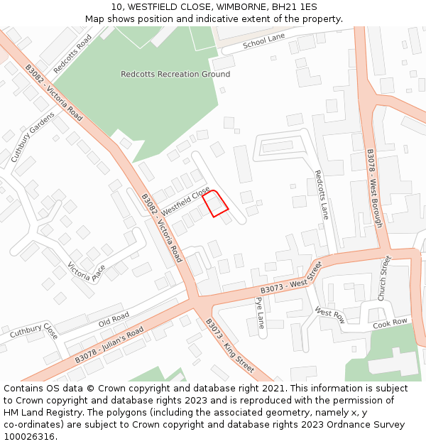 10, WESTFIELD CLOSE, WIMBORNE, BH21 1ES: Location map and indicative extent of plot