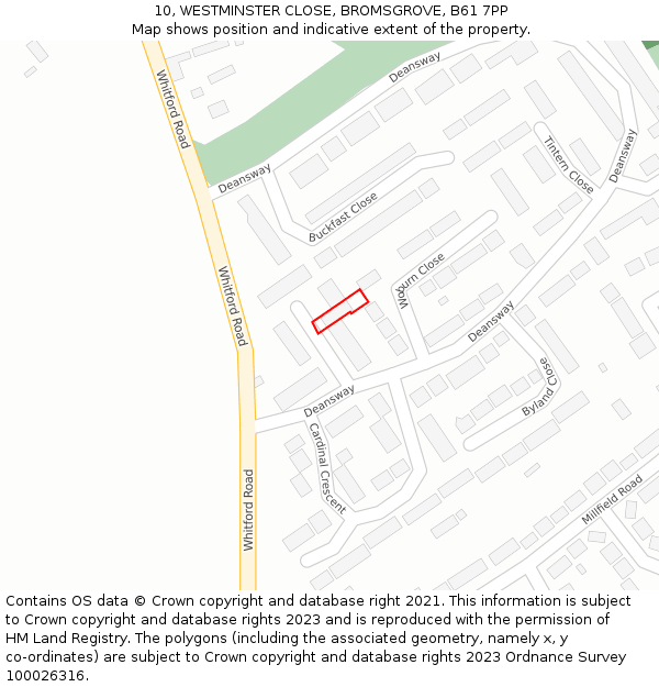 10, WESTMINSTER CLOSE, BROMSGROVE, B61 7PP: Location map and indicative extent of plot