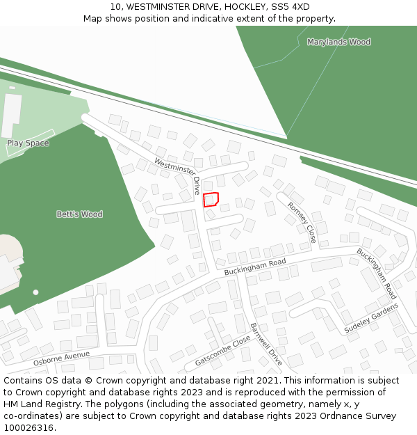 10, WESTMINSTER DRIVE, HOCKLEY, SS5 4XD: Location map and indicative extent of plot