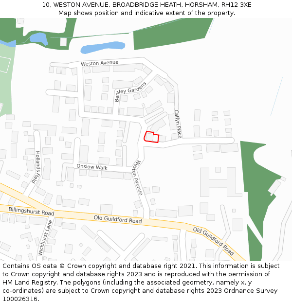 10, WESTON AVENUE, BROADBRIDGE HEATH, HORSHAM, RH12 3XE: Location map and indicative extent of plot