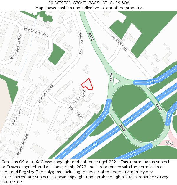 10, WESTON GROVE, BAGSHOT, GU19 5QA: Location map and indicative extent of plot