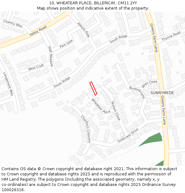 10, WHEATEAR PLACE, BILLERICAY, CM11 2YY: Location map and indicative extent of plot