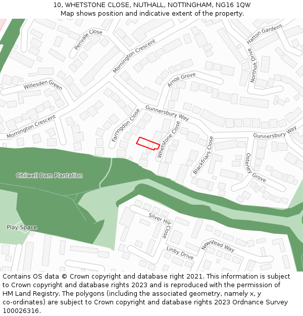 10, WHETSTONE CLOSE, NUTHALL, NOTTINGHAM, NG16 1QW: Location map and indicative extent of plot