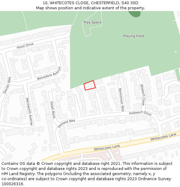 10, WHITECOTES CLOSE, CHESTERFIELD, S40 3SD: Location map and indicative extent of plot