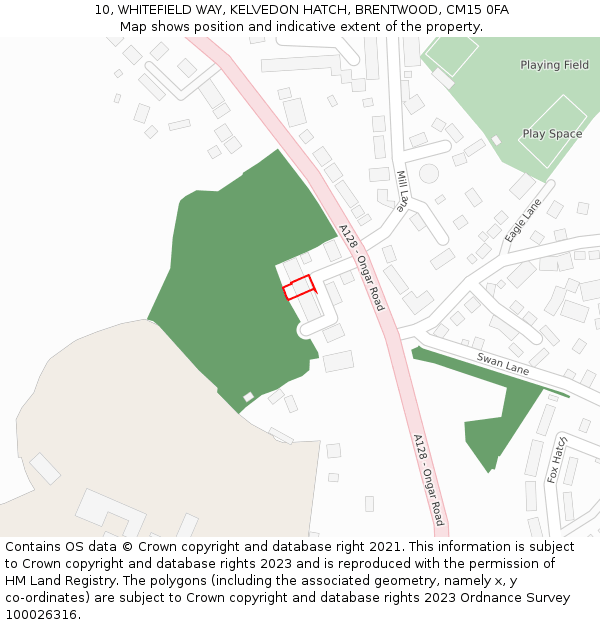 10, WHITEFIELD WAY, KELVEDON HATCH, BRENTWOOD, CM15 0FA: Location map and indicative extent of plot